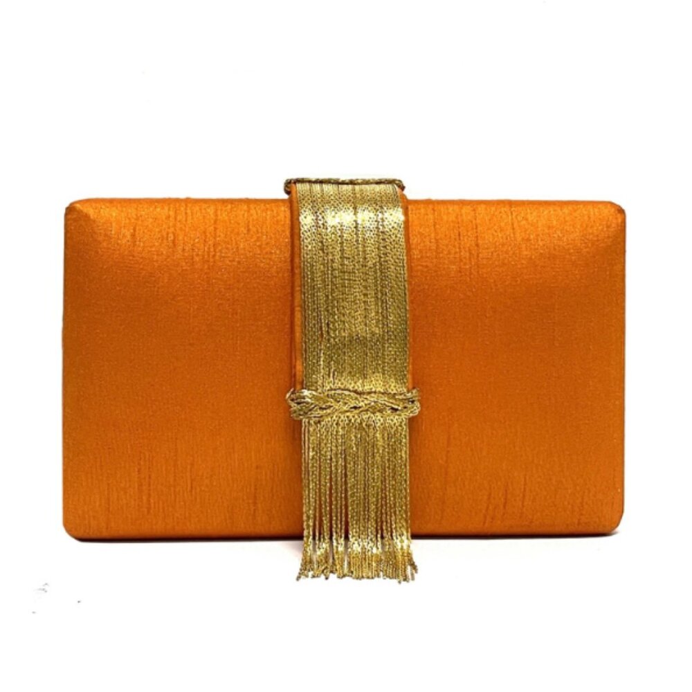 Gold-Tassel Orange Satin Evening Clutch